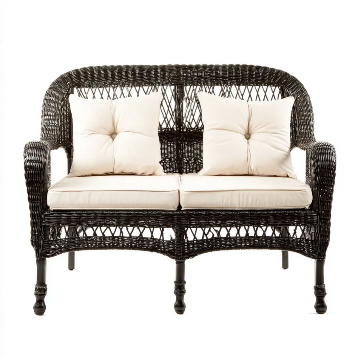 Dwuosobowa sofa ogrodowa z naturalnego rattanu, ciemnobrązowa z kremowymi poduszkami, 120 x 65 x 90 cm