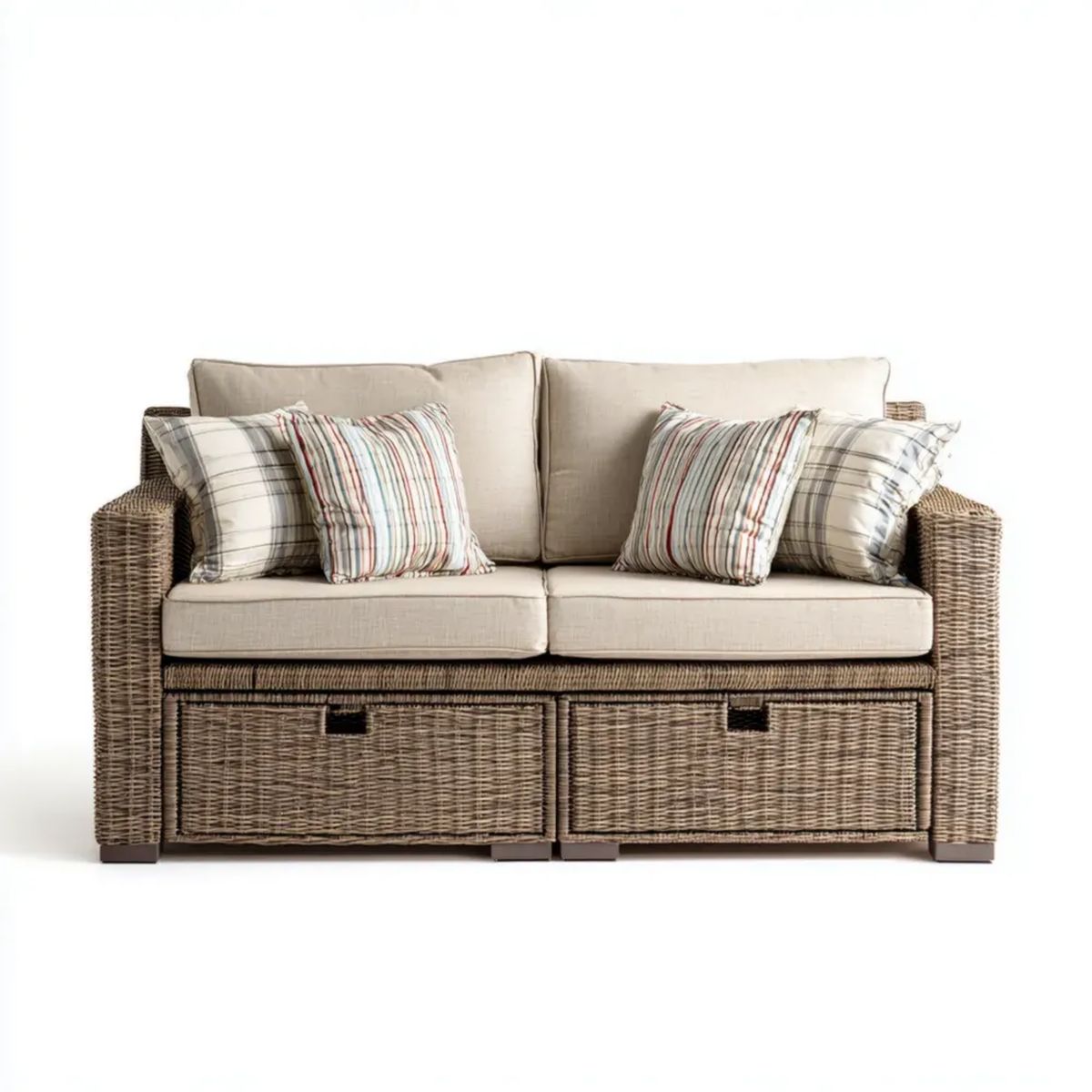 Dwuosobowa sofa ogrodowa z szufladami z technorattanu, brązowo-beżowa, 150 x 85 x 90 cm