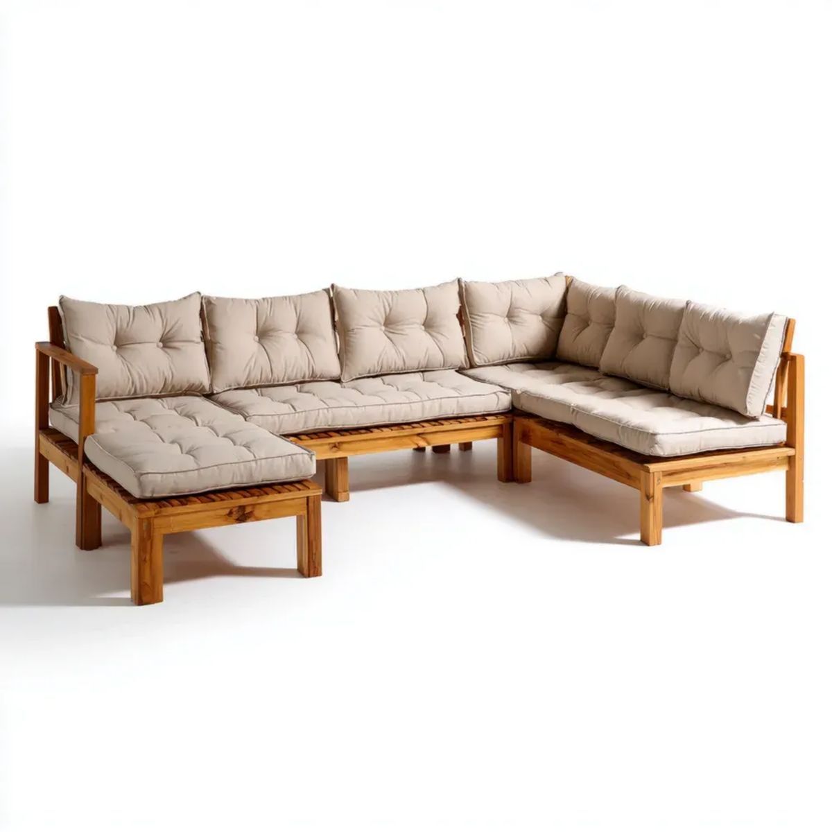 5-osobowa narożna sofa ogrodowa z drewna, beżowa, 250 × 200 × 70 cm