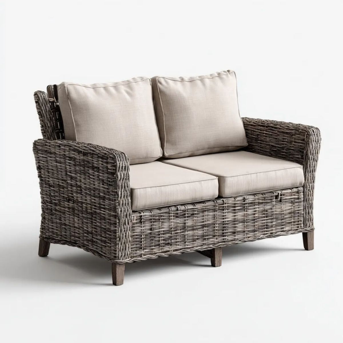 Dwuosobowa sofa ogrodowa z plecionki PE, szaro-beżowa, 130 x 75 x 82 cm