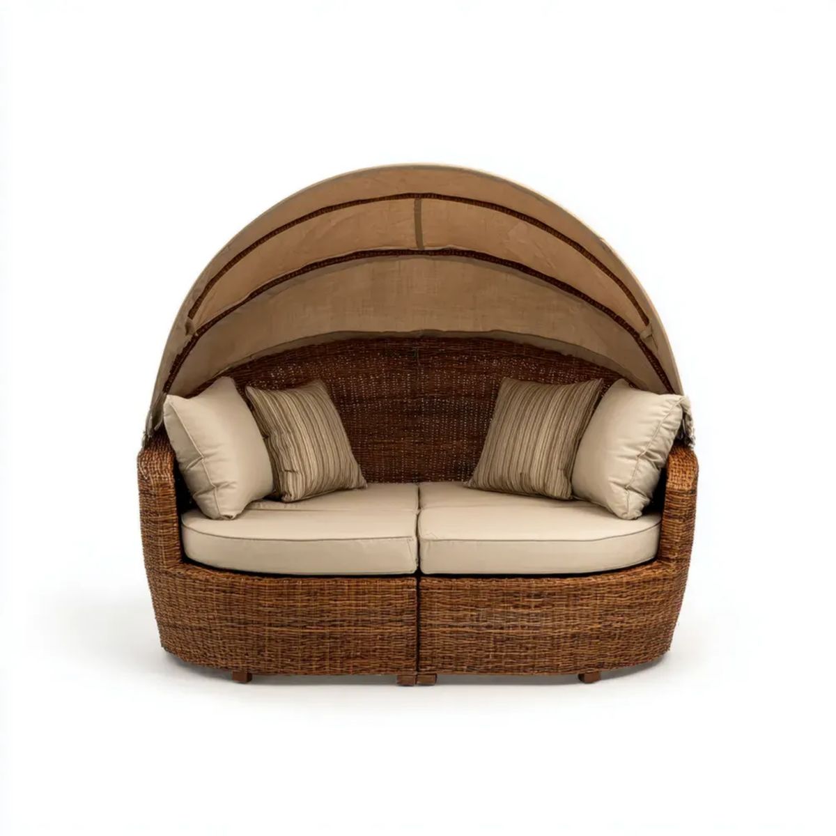 Dwuosobowa sofa ogrodowa z daszkiem z technorattanu, brązowo-beżowa, 160 x 90 x 145 cm, półokrągła