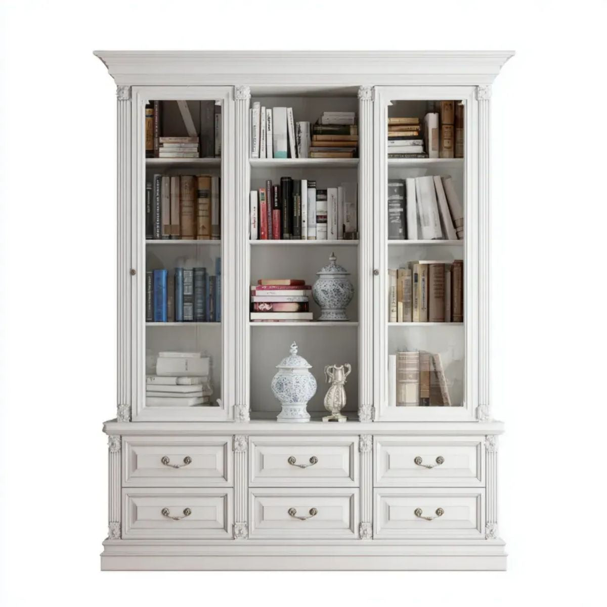 Biała witryna biblioteczna z MDF i szkła hartowanego 180 x 45 x 220 cm