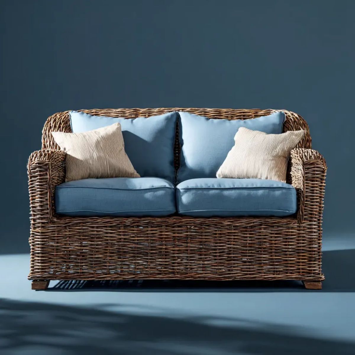 Dwuosobowa sofa ogrodowa z wikliny brązowa z niebieskimi poduszkami 130 x 75 x 85 cm