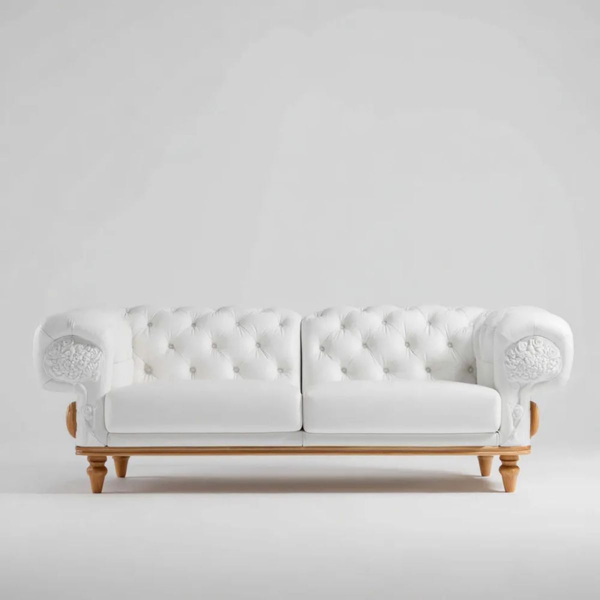 Biała sofa dwuosobowa ze skóry syntetycznej PU i drewnianą podstawą, 180 x 95 x 85 cm