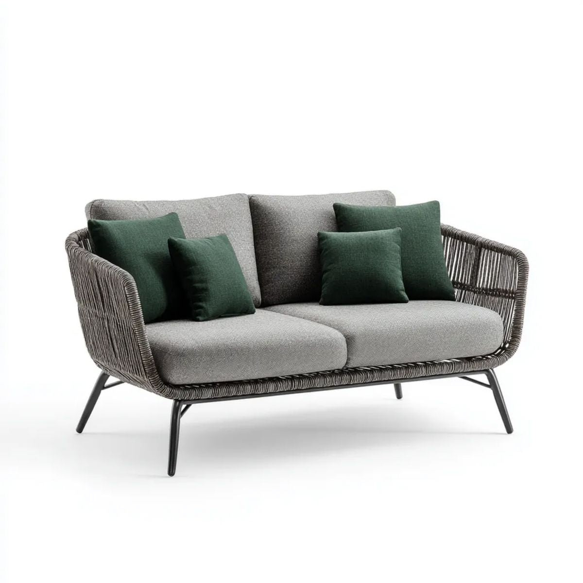 Dwuosobowa sofa ogrodowa z plecionki PE i stali, szara z ciemnozielonymi poduszkami, 160 x 78 x 78 cm