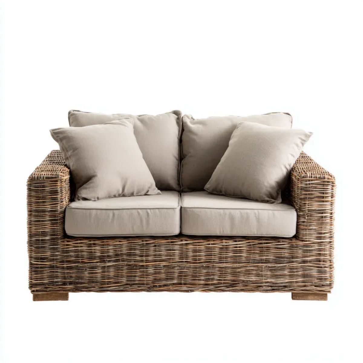 Dwuosobowa sofa ogrodowa z rattanu brązowa z beżowymi poduszkami 140 × 80 × 85 cm