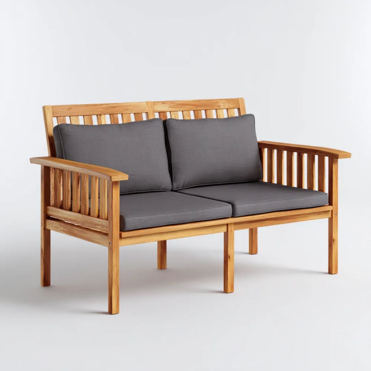 Dwuosobowa sofa ogrodowa z drewna akacjowego z ciemnoszarymi poduszkami, 120 x 65 x 80 cm