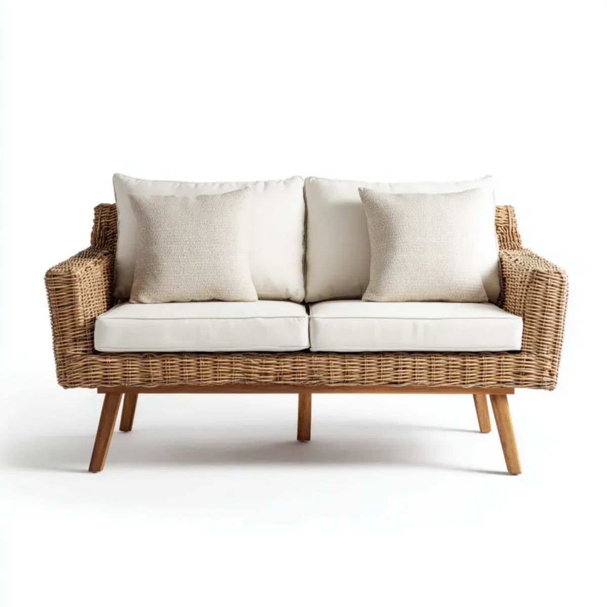 2-osobowa sofa ogrodowa z rattanu naturalnego, naturalny brąz i kremowy, 160 x 75 x 80 cm