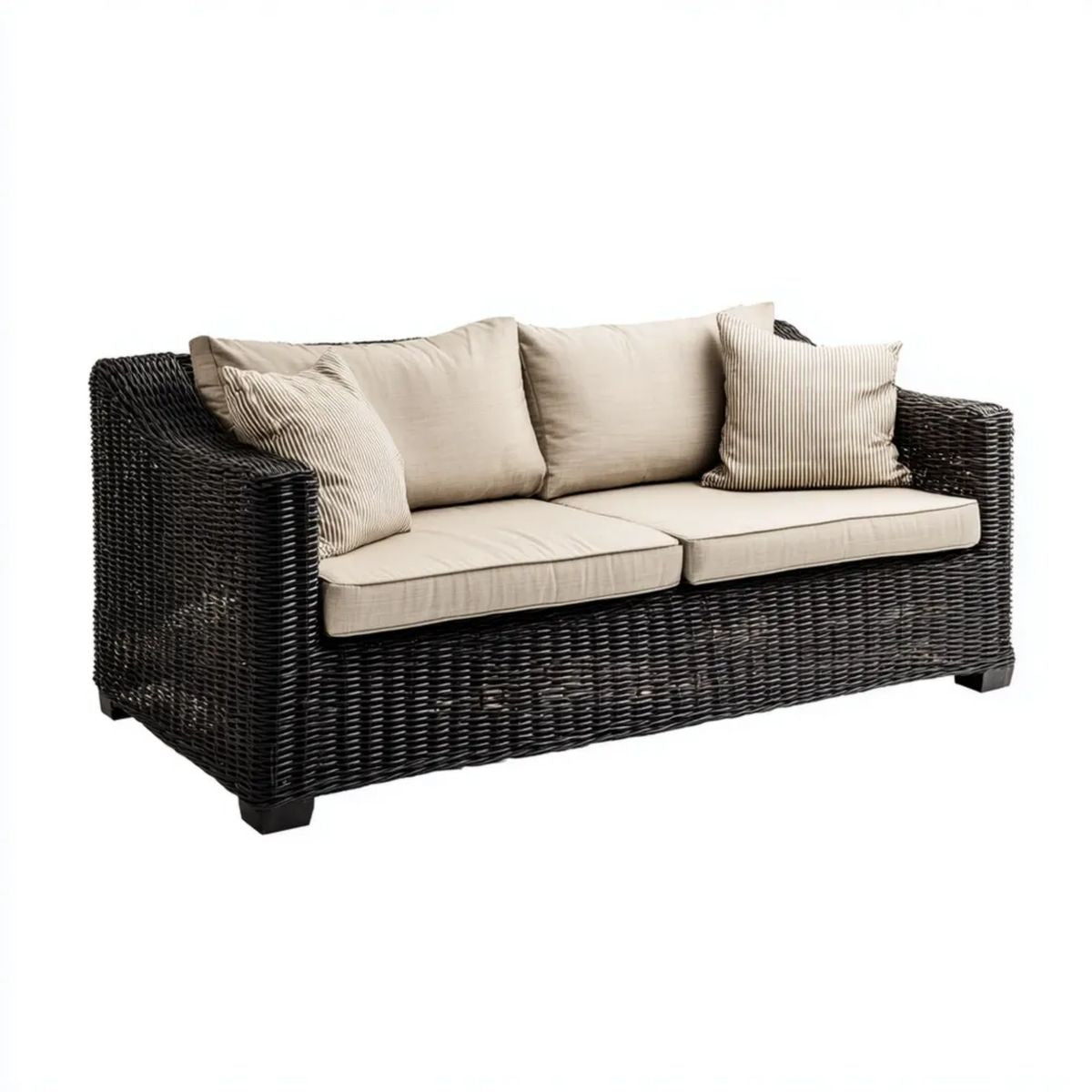Dwuosobowa sofa ogrodowa z technorattanu czarna z beżowymi poduszkami, 180 × 85 × 85 cm