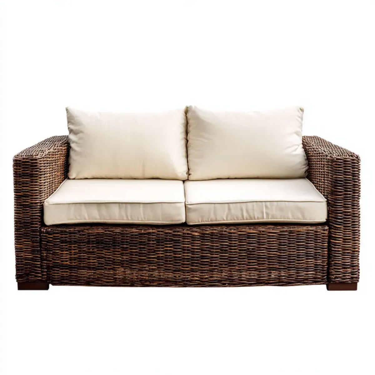 Dwuosobowa sofa ogrodowa z rattanu brązowa z kremowymi poduszkami, 130 x 75 x 85 cm
