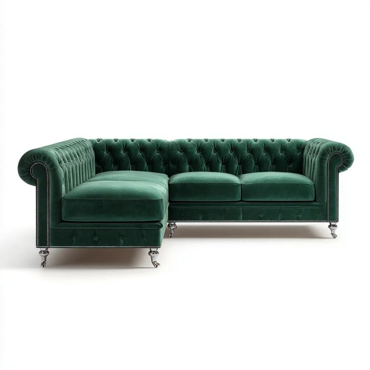 Zielona sofa narożna Chesterfield z aksamitu poliestrowego, lewostronna, 280 x 170 x 78 cm, kształt L