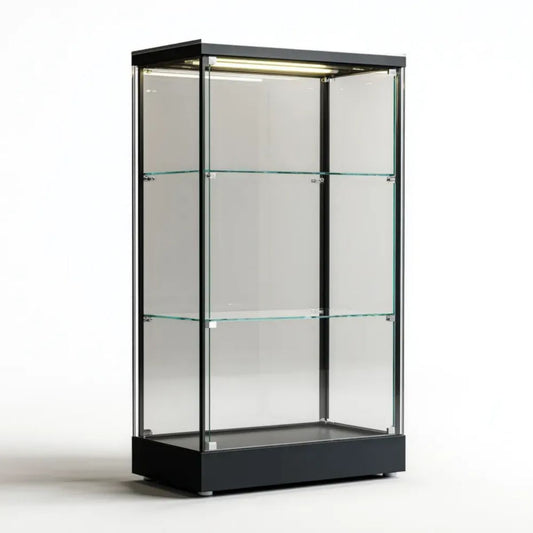 Witryna szklana czarna z aluminium i szkła hartowanego 80 x 40 x 160 cm z oświetleniem LED