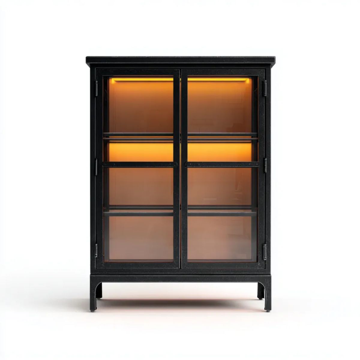 Witryna szklana ze stali czarna/brązowa z oświetleniem LED, 2-drzwiowa, 90 x 40 x 180 cm