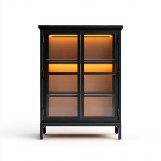Witryna szklana ze stali czarna/brązowa z oświetleniem LED, 2-drzwiowa, 90 x 40 x 180 cm
