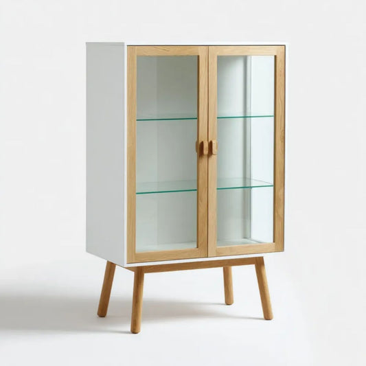 Witryna stojąca 2-drzwiowa biała i dębowa z MDF, szkła hartowanego i litego dębu 80 × 40 × 150 cm