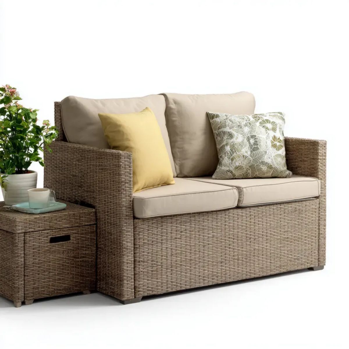 Dwuosobowa sofa ogrodowa z polirattanu ze stolikiem i beżowymi poduszkami, 140 x 75 x 82 cm
