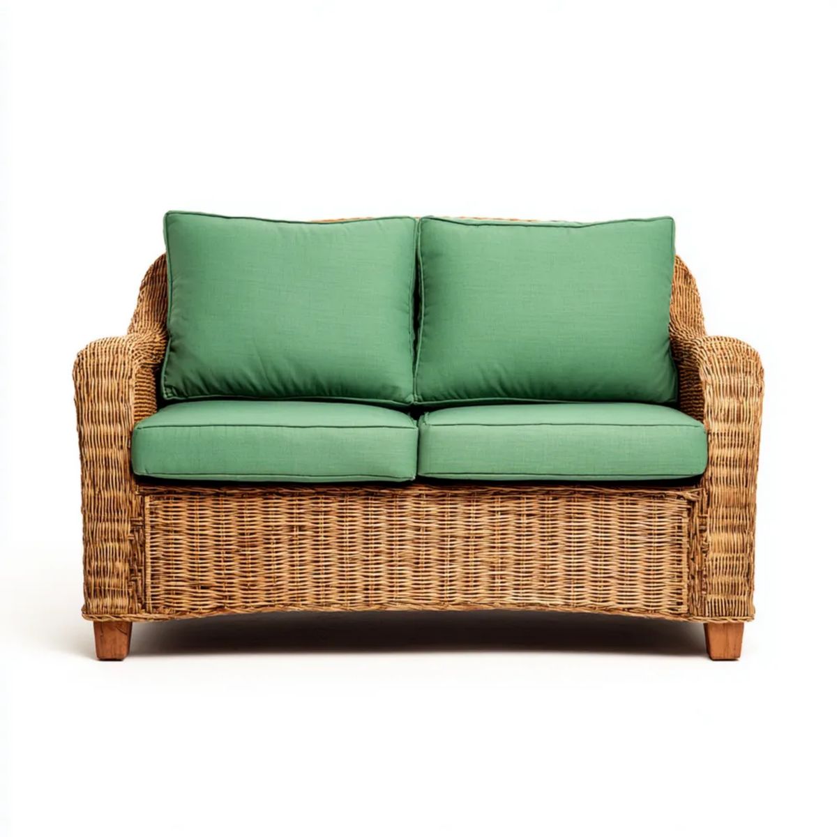 Dwuosobowa sofa ogrodowa z naturalnego rattanu z zielonymi poduszkami, 130 x 75 x 85 cm
