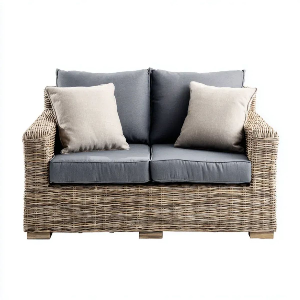 Dwuosobowa sofa ogrodowa z naturalnego rattanu z poduszkami, 140 × 80 × 85 cm, naturalna/szara/beżowa