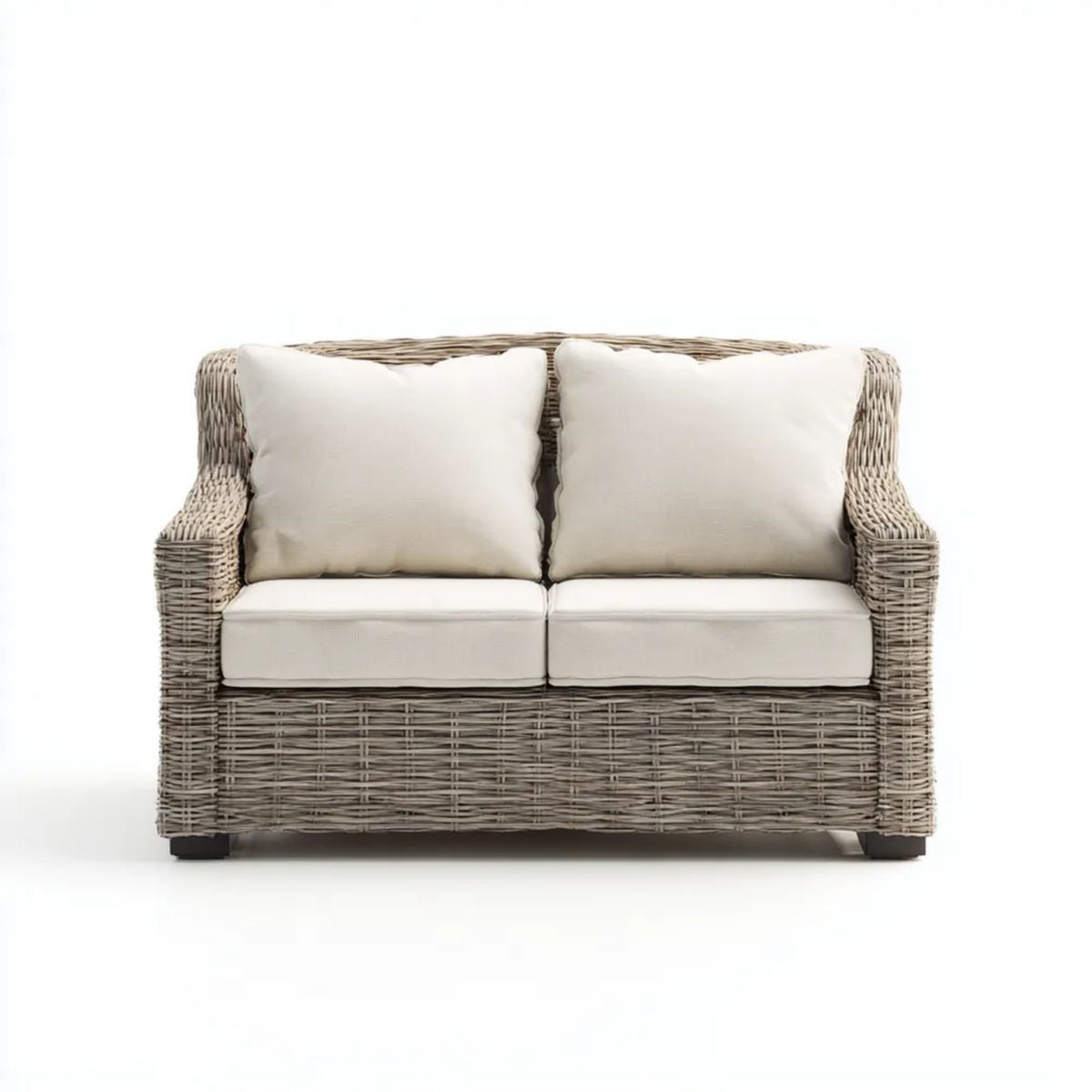 Dwuosobowa sofa ogrodowa z technorattanu, szarobeżowa z kremowymi poduszkami, 130 x 78 x 82 cm