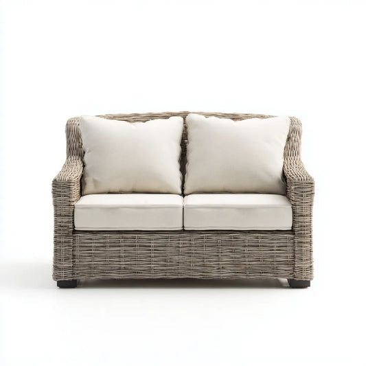 Dwuosobowa sofa ogrodowa z technorattanu, szarobeżowa z kremowymi poduszkami, 130 x 78 x 82 cm