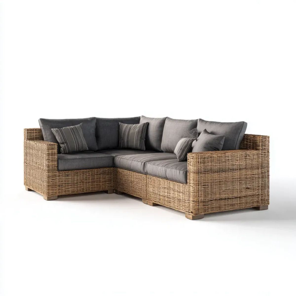 2-częściowa narożna sofa ogrodowa z naturalnego rattanu, brązowa z szarymi poduszkami, 240 × 180 × 85 cm, kształt L