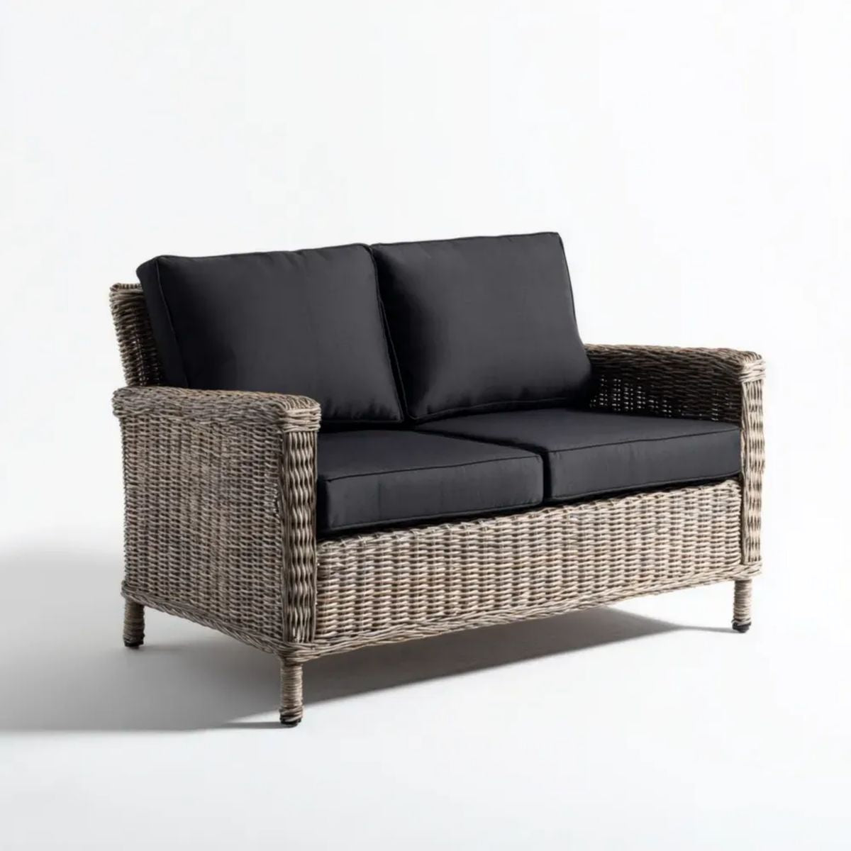 Dwuosobowa sofa ogrodowa z technorattanu szara z czarnymi poduszkami, 124 x 70 x 83 cm