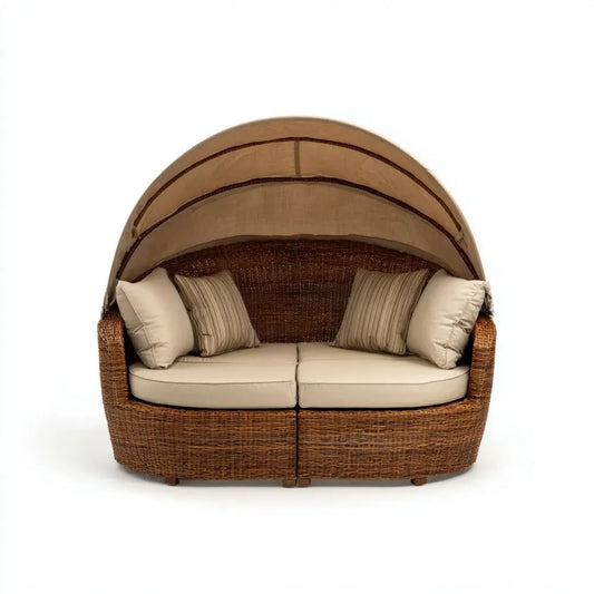 Dwuosobowa sofa ogrodowa z daszkiem z technorattanu, brązowo-beżowa, 160 x 90 x 145 cm, półokrągła
