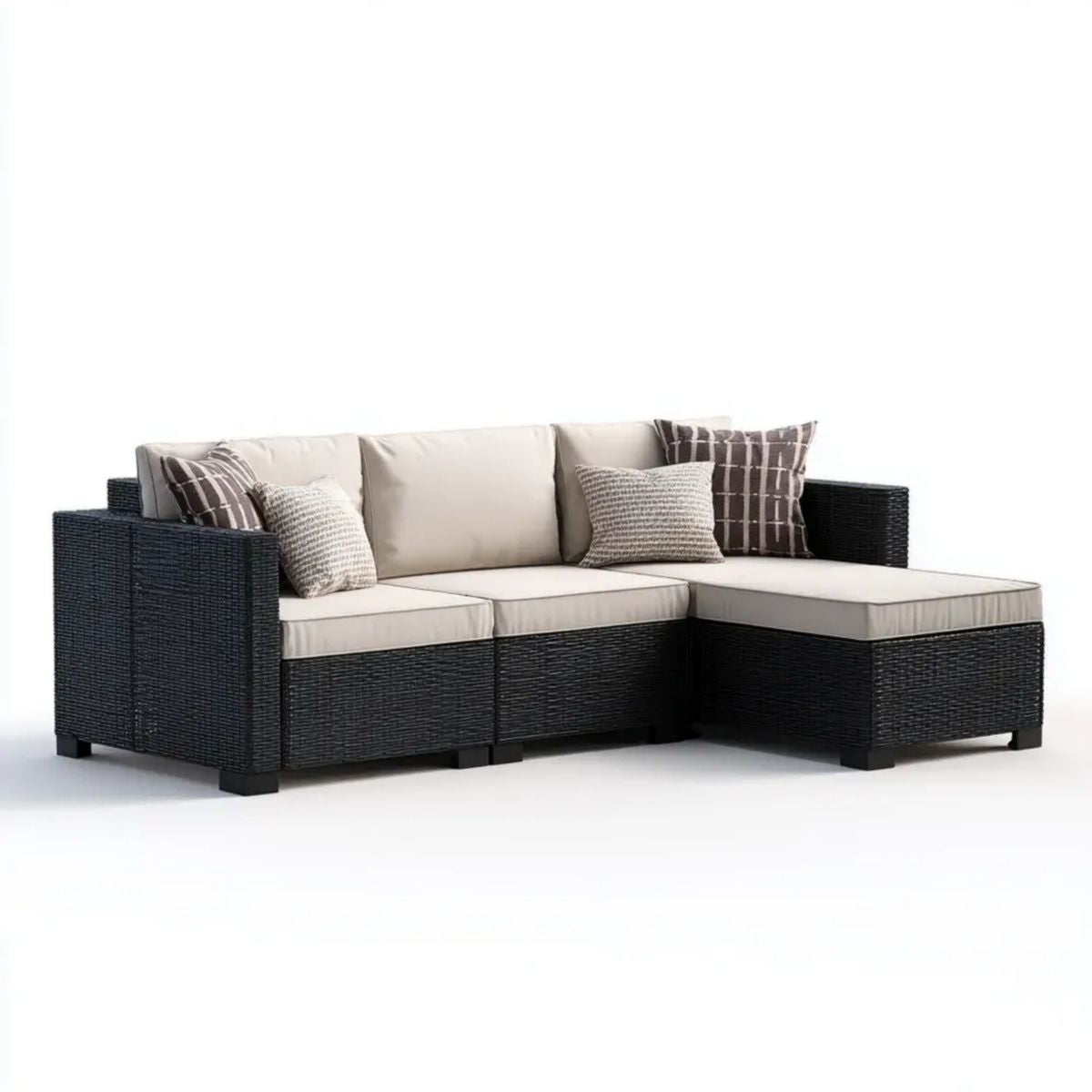 Prawostronna narożna sofa ogrodowa z technorattanu czarna z beżowymi poduszkami, 215 x 140 x 65 cm