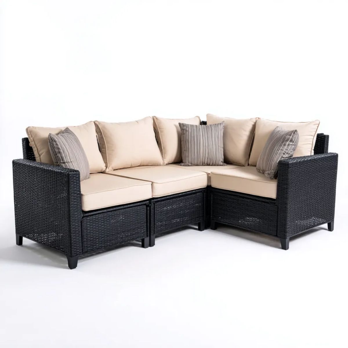 3-elementowa narożna sofa ogrodowa z technorattanu czarna z beżowymi poduszkami, 210 x 210 x 85 cm