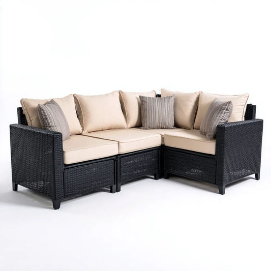3-elementowa narożna sofa ogrodowa z technorattanu czarna z beżowymi poduszkami, 210 x 210 x 85 cm