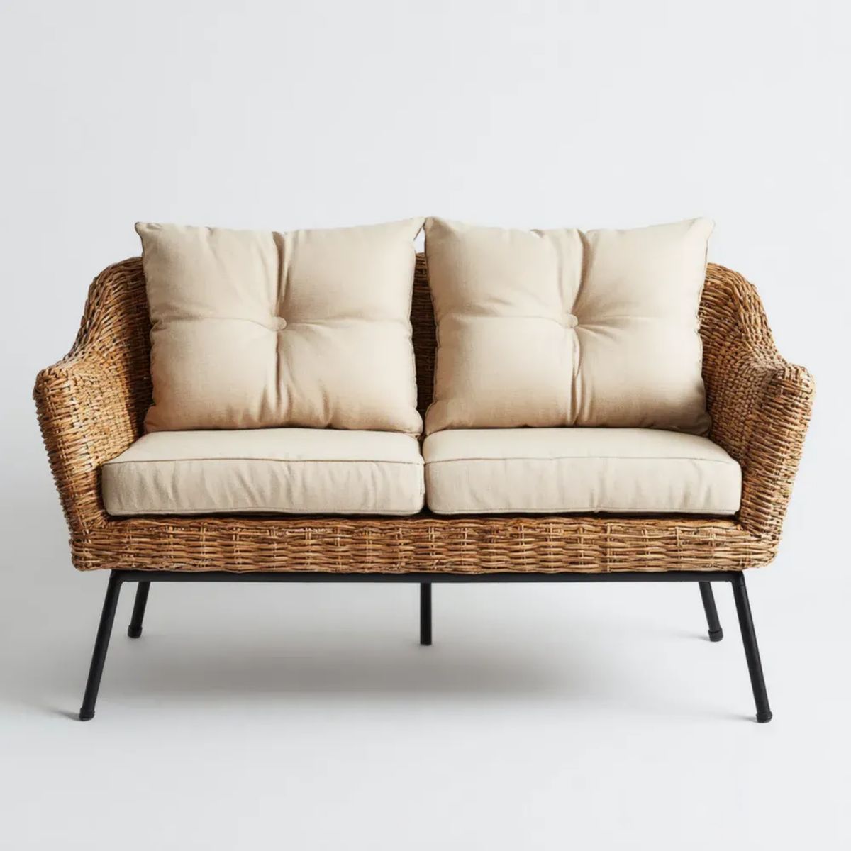 Dwuosobowa sofa ogrodowa beżowa z rattanu naturalnego i stali, 130 x 75 x 85 cm