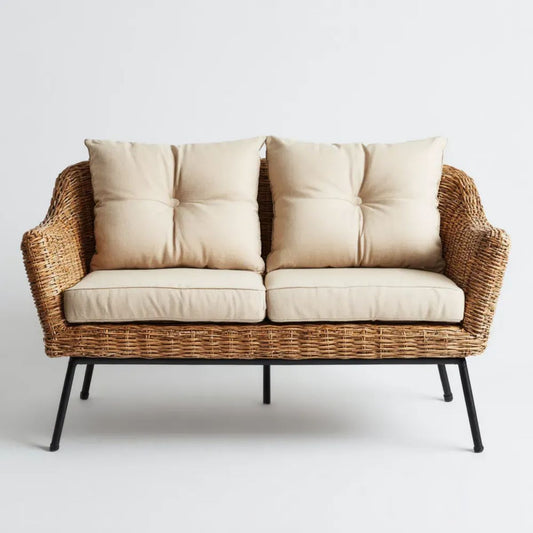 Dwuosobowa sofa ogrodowa beżowa z rattanu naturalnego i stali, 130 x 75 x 85 cm
