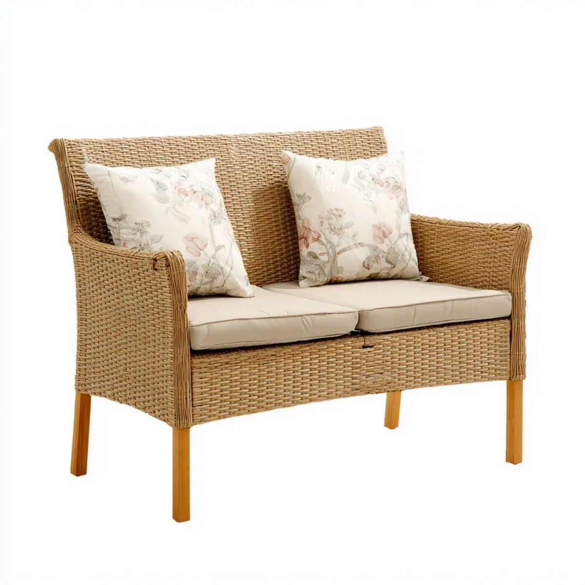 Dwuosobowa sofa ogrodowa z rattanu i drewna, beżowa, 120 × 65 × 85 cm