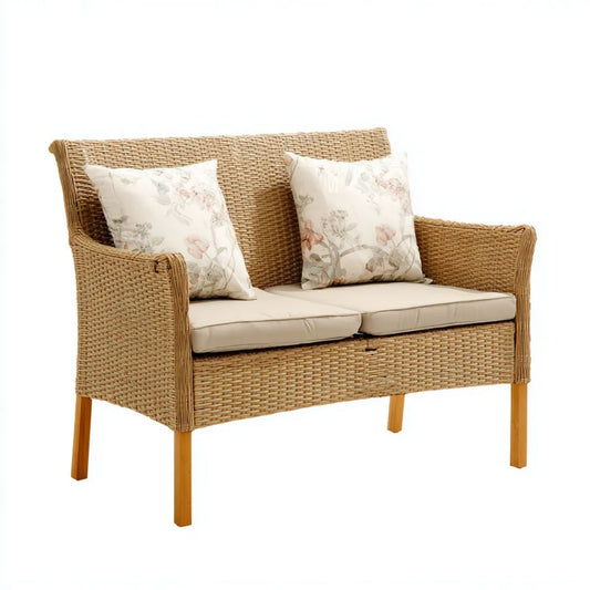 Dwuosobowa sofa ogrodowa z rattanu i drewna, beżowa, 120 × 65 × 85 cm