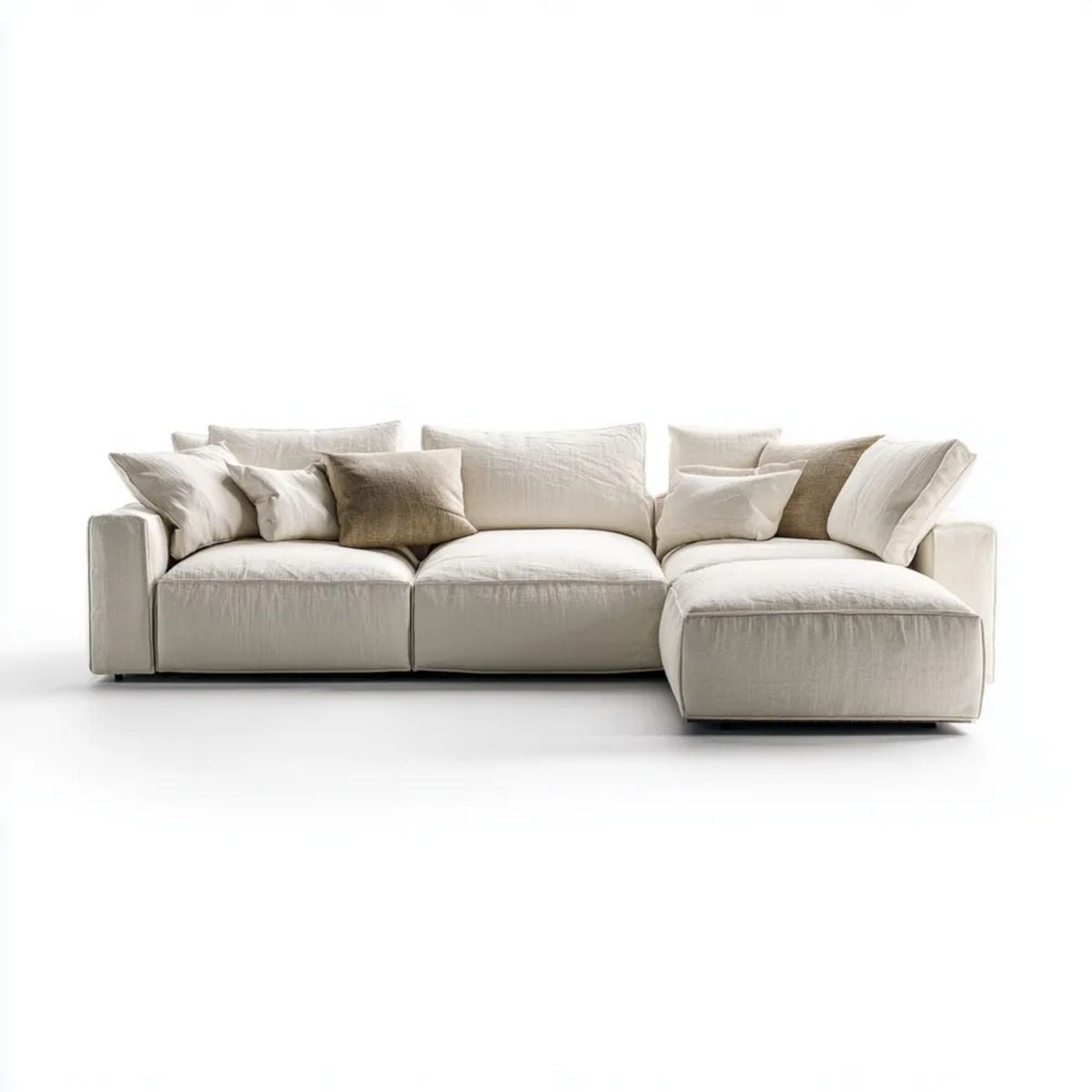 Kremowo-beżowa sofa narożna z szezlongiem po prawej stronie, tapicerka poliestrowa, 300 × 160 × 85 cm