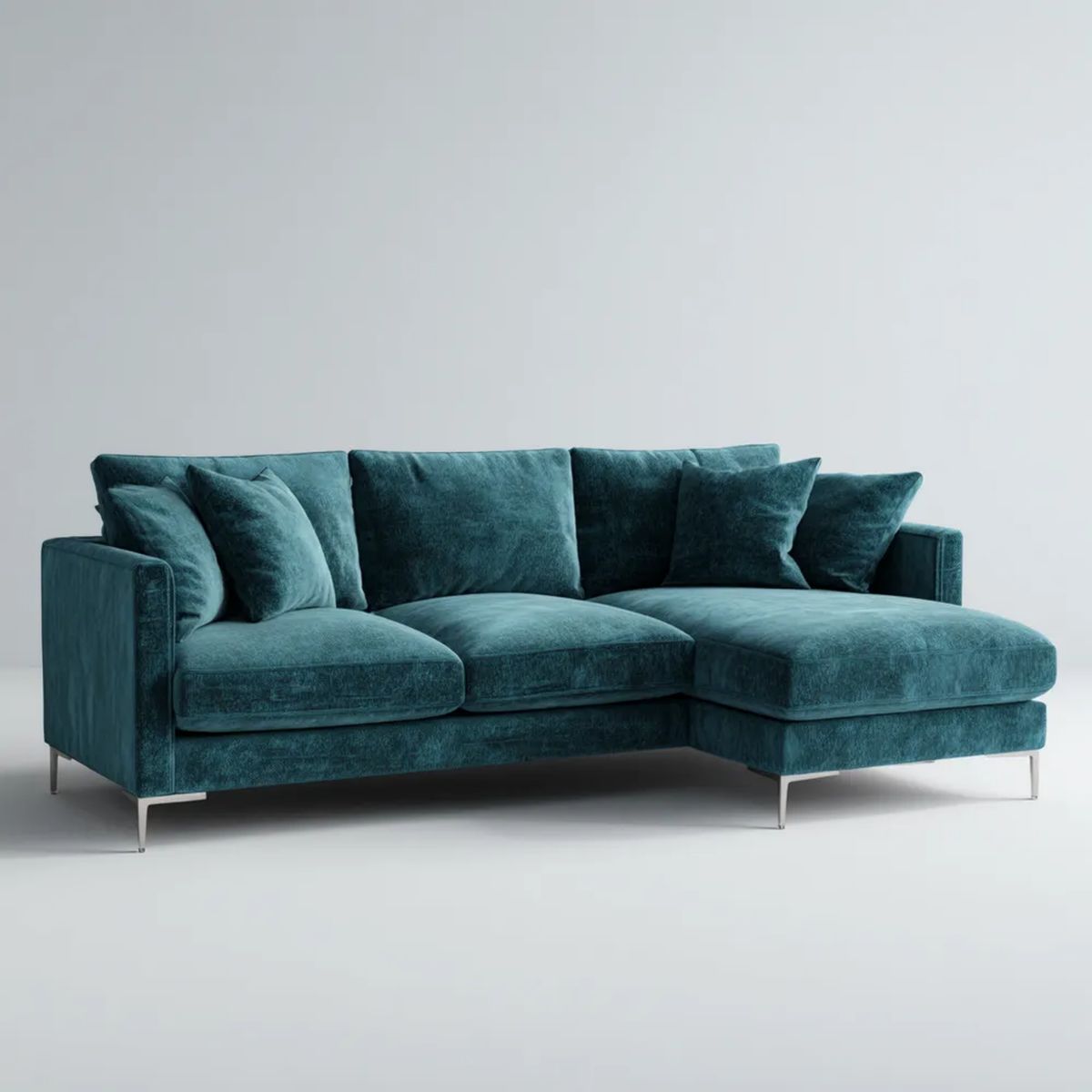 Turkusowa sofa narożna z szezlongiem z weluru, 250 x 160 x 85 cm