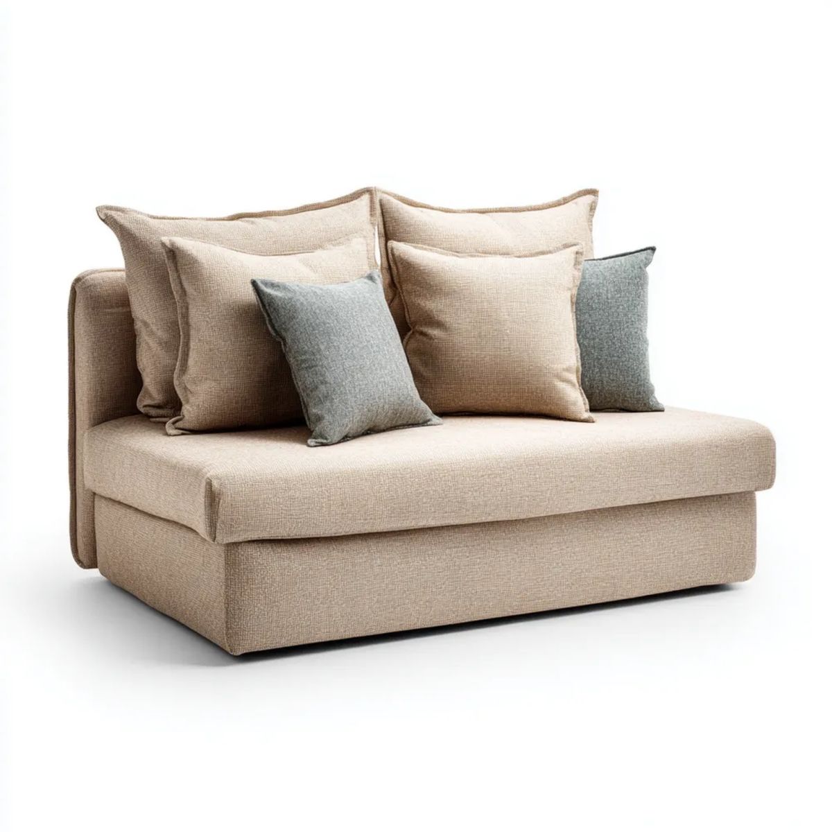 Beżowa sofa dwuosobowa z tkaniny poliestrowej 150 x 85 x 78 cm z szarymi poduszkami