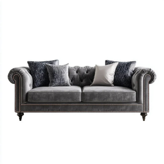 Dwuosobowa sofa Chesterfield z aksamitu poliestrowego, grafitowa, 180 × 90 × 80 cm