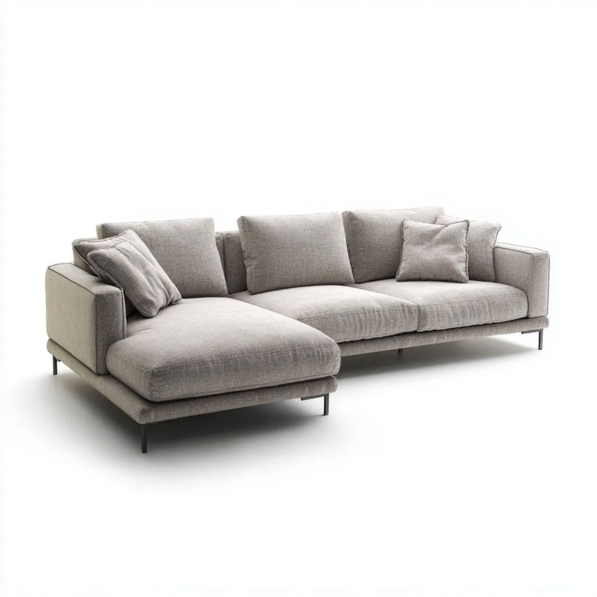 Szara sofa narożna z lewym szezlongiem, tapicerowana tkaniną, 260 × 160 × 85 cm