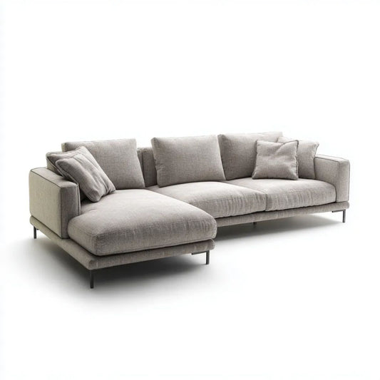 Szara sofa narożna z lewym szezlongiem, tapicerowana tkaniną, 260 × 160 × 85 cm