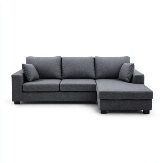 Ciemnoszara sofa narożna z szezlongiem w kształcie L, tapicerka poliestrowa, 230 × 145 × 85 cm