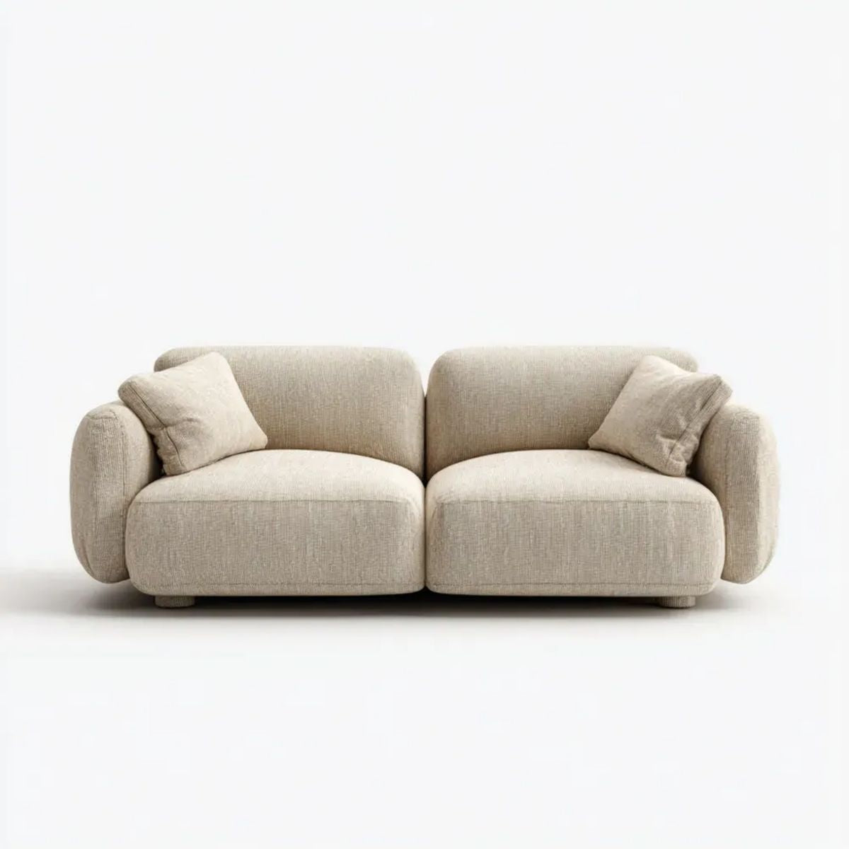 Beżowa sofa dwuosobowa z tapicerką poliestrową, 180 × 95 × 78 cm, zaokrąglona forma