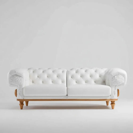 Biała sofa dwuosobowa ze skóry syntetycznej PU i drewnianą podstawą, 180 x 95 x 85 cm