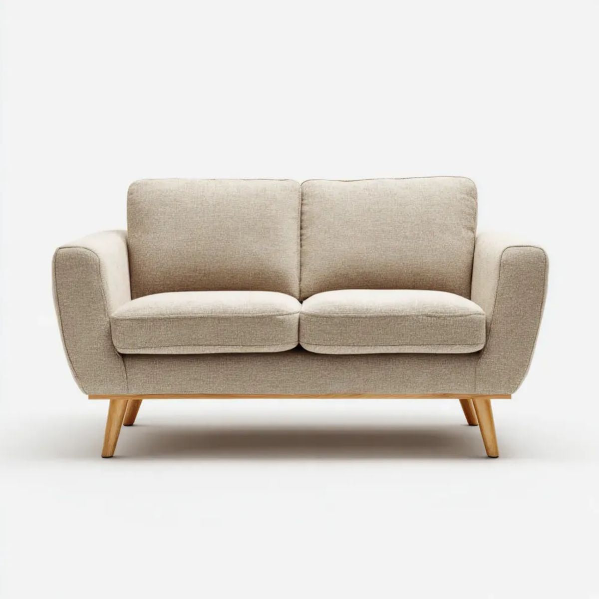 Sofa dwuosobowa beżowa z tapicerką poliestrową i drewnianymi nogami, 150 x 85 x 85 cm