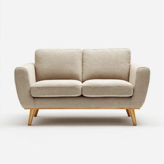 Sofa dwuosobowa beżowa z tapicerką poliestrową i drewnianymi nogami, 150 x 85 x 85 cm