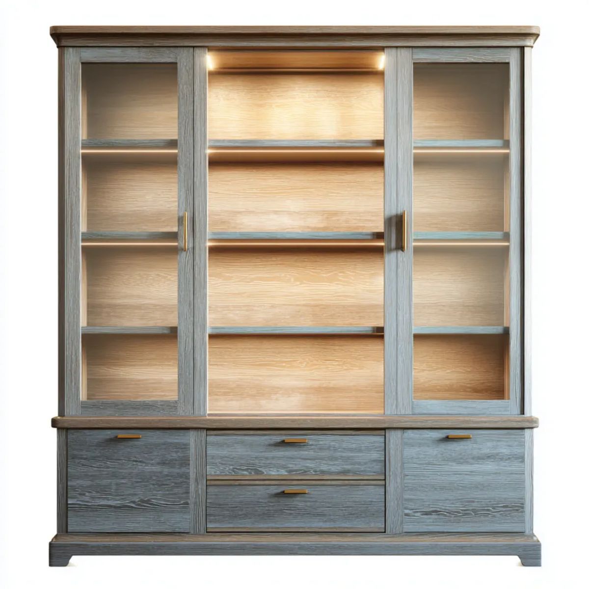 Witryna przesuwna szara z płyty MDF i szkła hartowanego 160 × 45 × 200 cm z oświetleniem LED