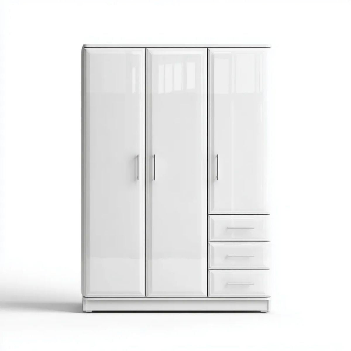 Biała szafa uchylna z płyty laminowanej, 3 drzwi i 3 szuflady, 150 × 52 × 200 cm