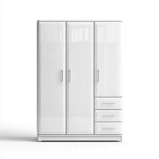 Biała szafa uchylna z płyty laminowanej, 3 drzwi i 3 szuflady, 150 × 52 × 200 cm