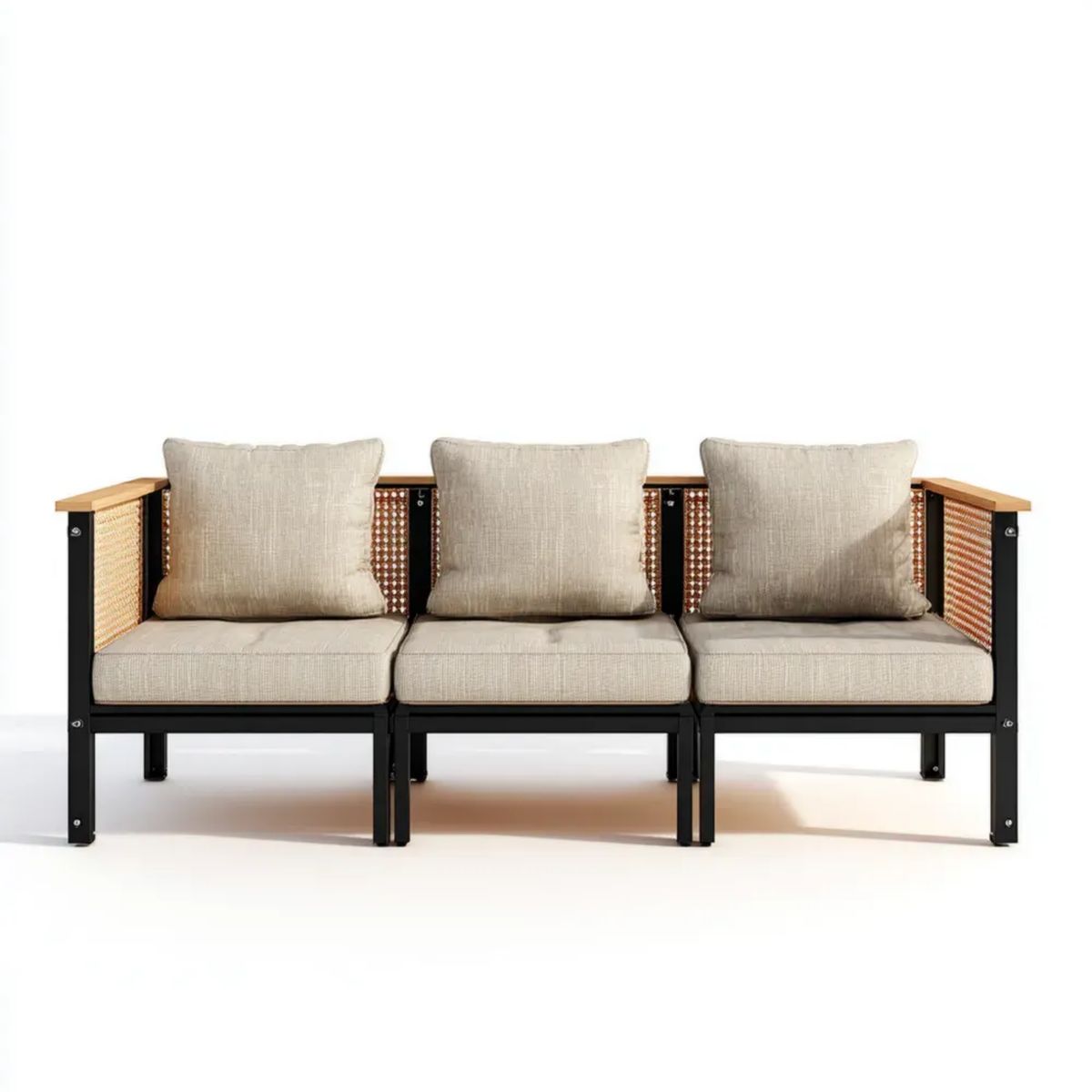 3-osobowa modułowa sofa ogrodowa beżowa ze stali i drewna, 210 x 70 x 75 cm
