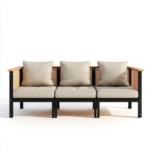 3-osobowa modułowa sofa ogrodowa beżowa ze stali i drewna, 210 x 70 x 75 cm
